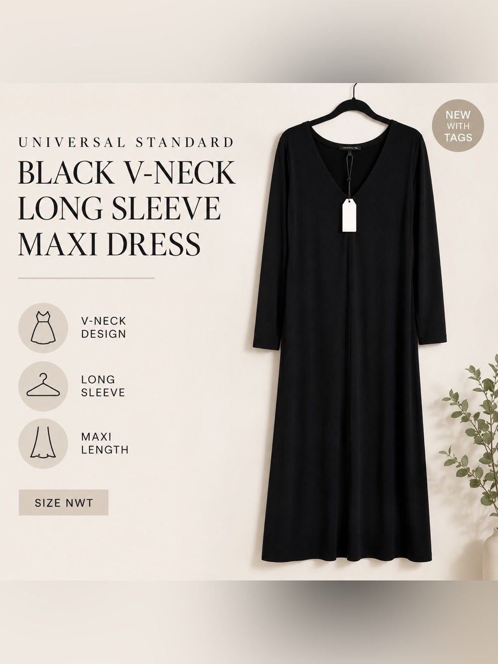 Universal Standard Black V-Neck Long Sleeve Maxi Dress NWT